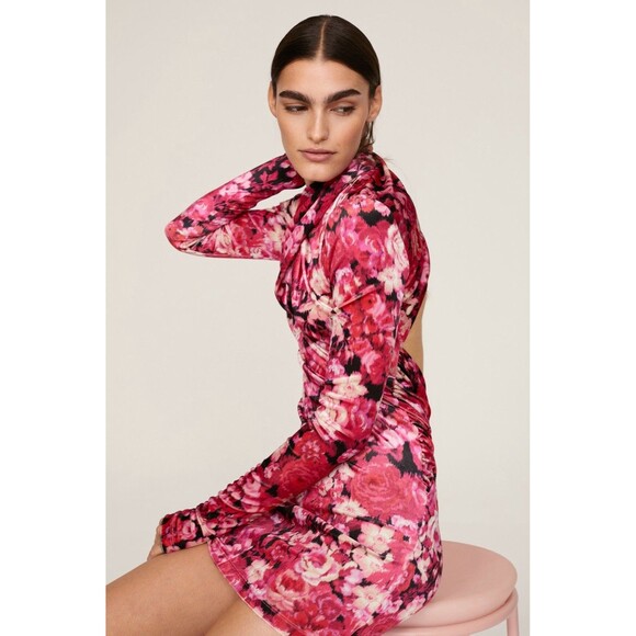 THE ANDAMANE Size 42 US 6 Kiki Mini Dress Velvet Pink Floral Wrap Cutout Long S